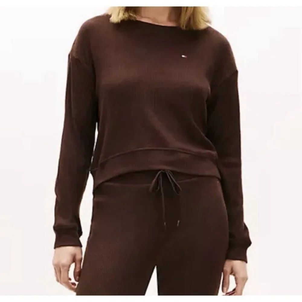 NWT Tommy Hilfiger Brown Rib-Knit Lounge Comfort Sweatshirt Womens Size Medium